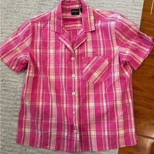 Erika Petite Pink Plaid Short Sleeve Button Down Camp Shirt Collared Top